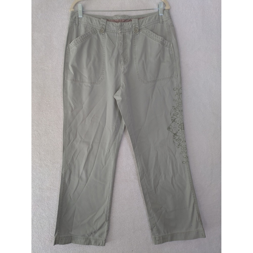 Caribbean Joe Pants Women's 12 Sage Green Floral Embroidered Straight Leg Cargo